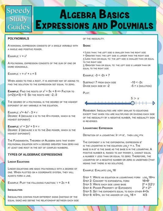 Algebra Basics, Expressions and Polymials (Speedy Study Guide)