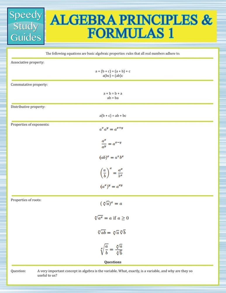 Algebra Principles And Formulas 1 (Speedy Study Guides)