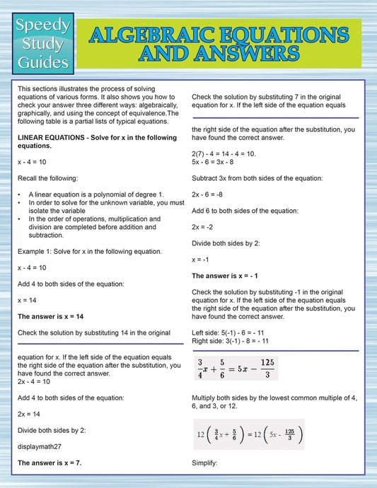 Algebraic Equations And Answers (Speedy Study Guides)