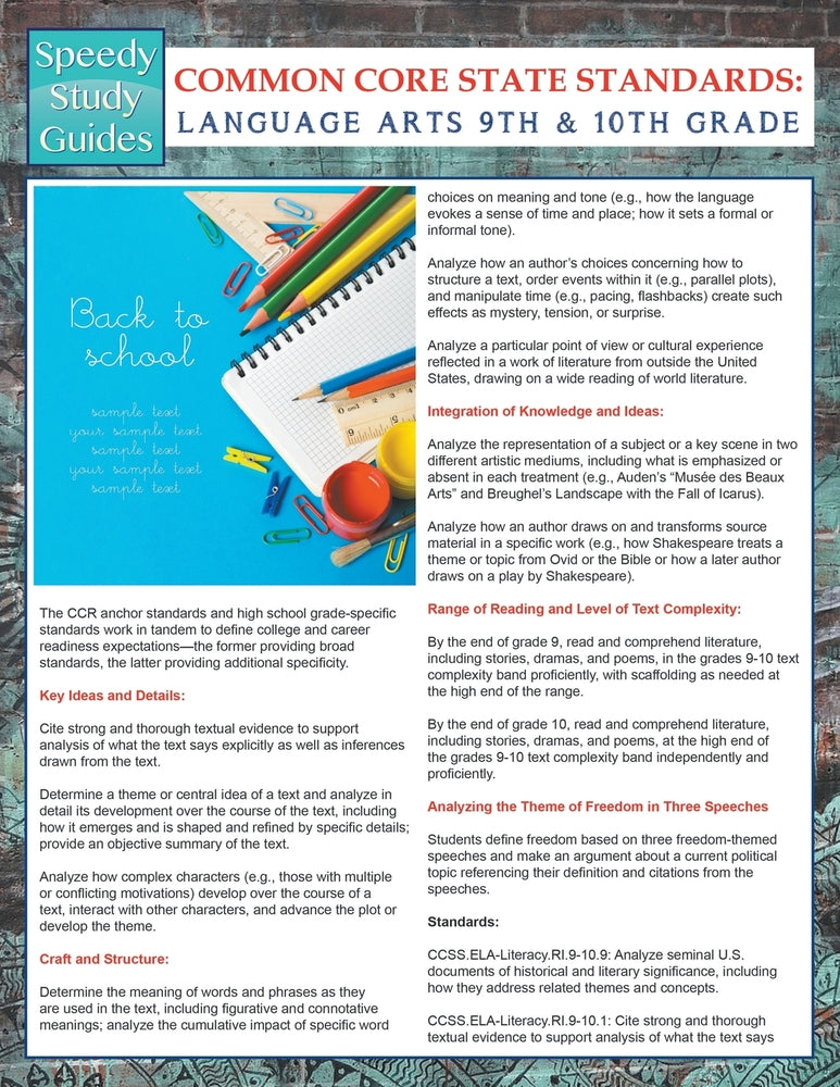 Common Core State Standards: Language Arts 9th And 10Th Grade (Speedy Study Guides)